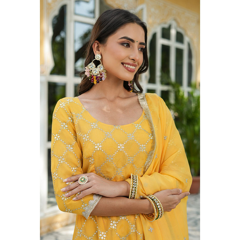 Everbloom Aradhya Yellow Jacquard Anarkali Suit With Dupatta (Set of 3)
