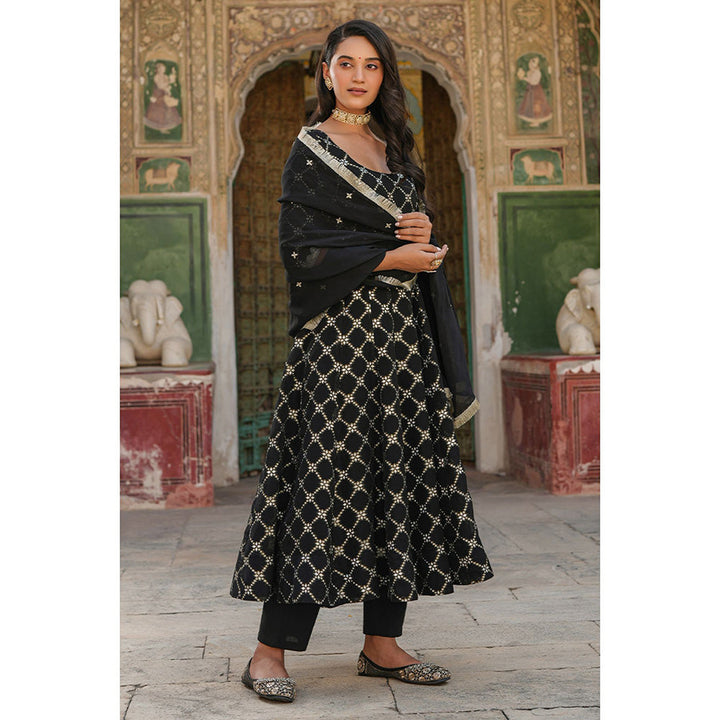 Everbloom Aarohi Black Jacquard Anarkali Suit With Dupatta (Set of 3)