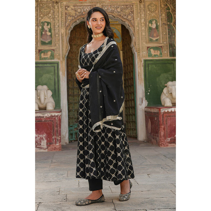 Everbloom Aarohi Black Jacquard Anarkali Suit With Dupatta (Set of 3)
