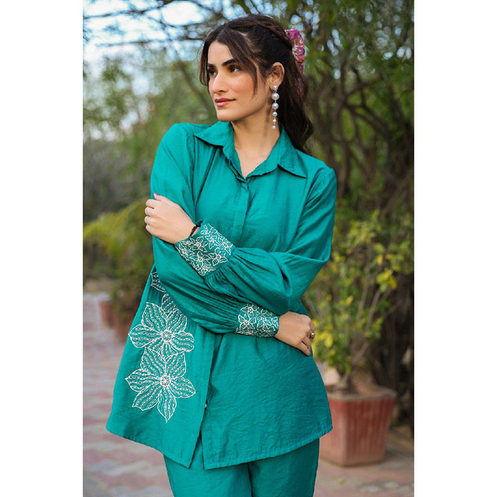 EverBloom Clara Viscose Teal Embroidered Co-Ord (Set of 2)
