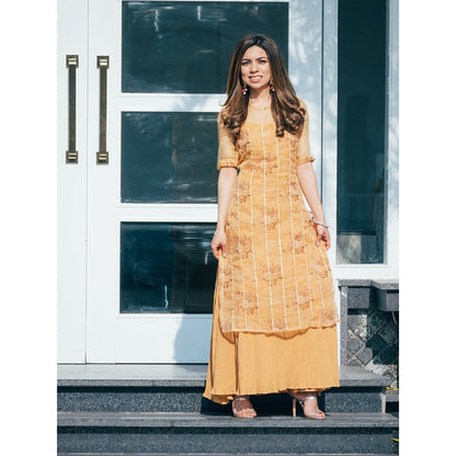 ewaz Ochre Floral Organza Layered Kurta