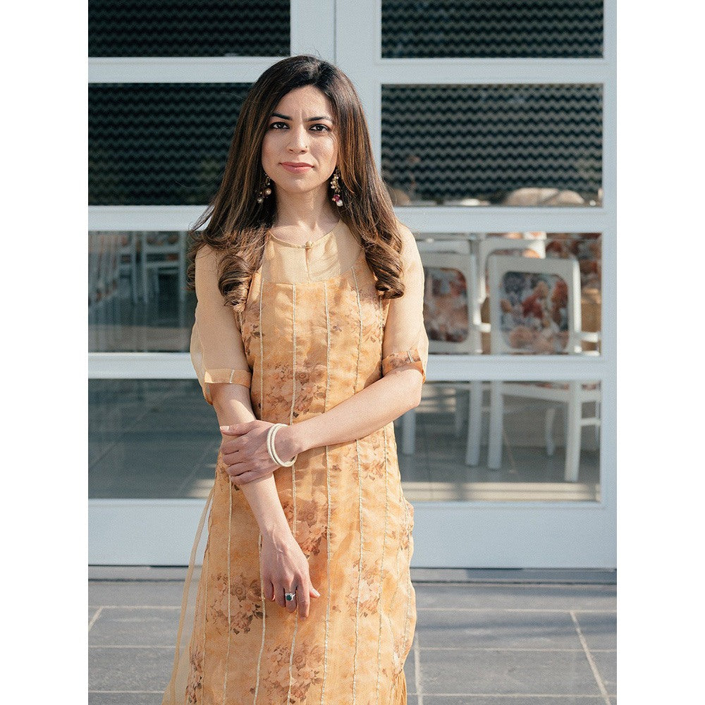 ewaz Ochre Floral Organza Layered Kurta