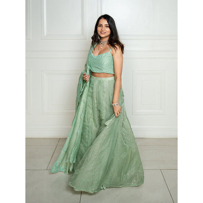 ewaz Chanderi Layer Mukaish Lehenga (Green)