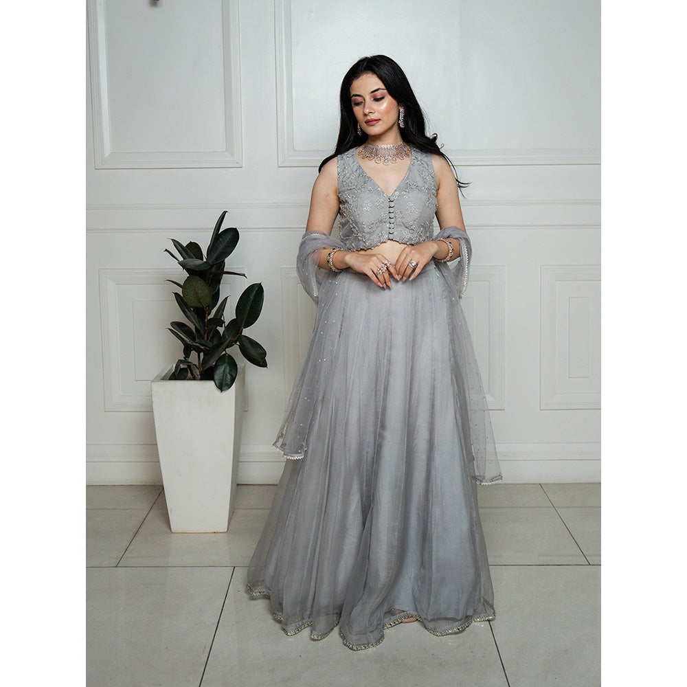 ewaz Grey Beads Blouse with Organza Lehenga
