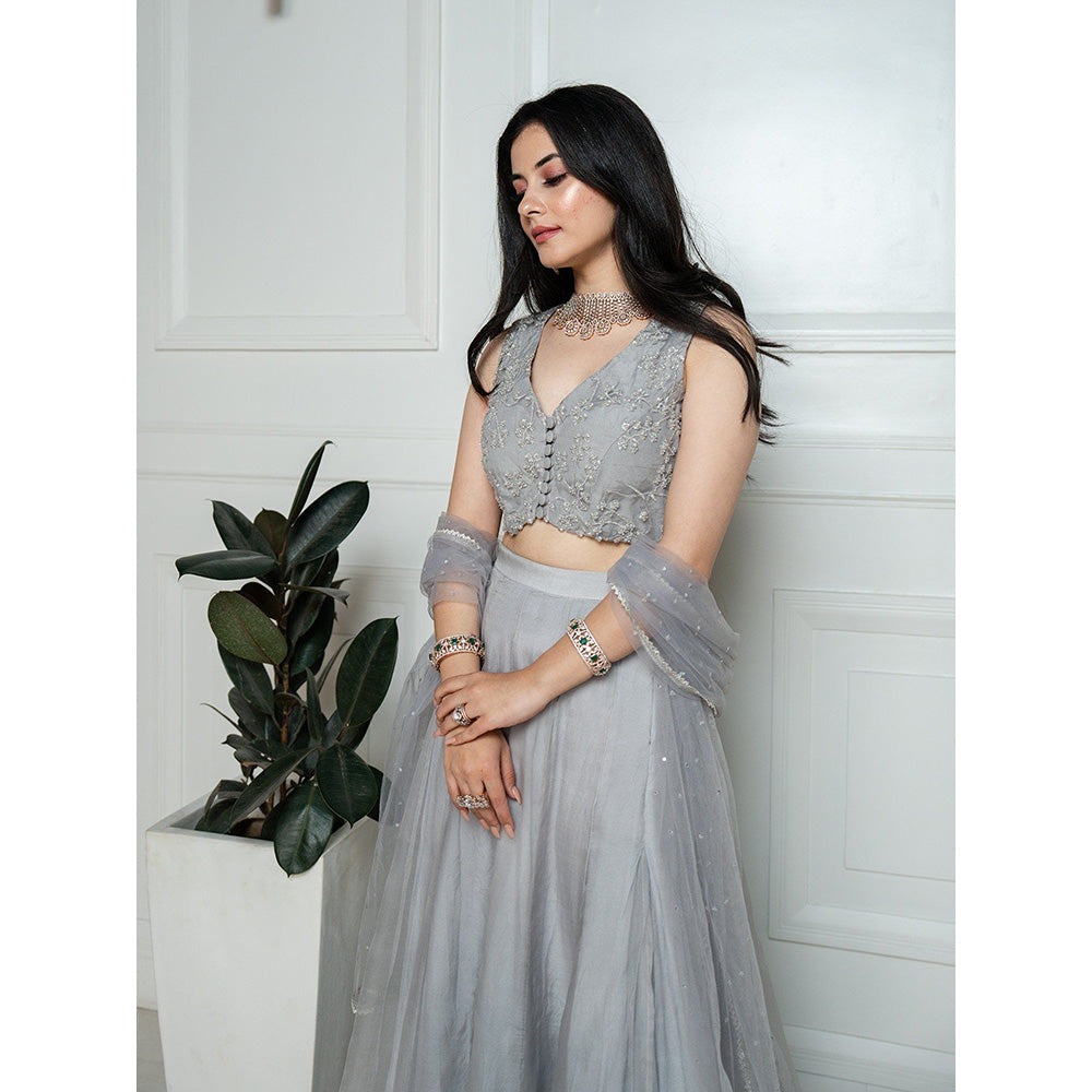 ewaz Grey Beads Blouse with Organza Lehenga