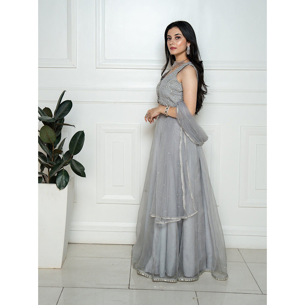 ewaz Grey Beads Blouse with Organza Lehenga
