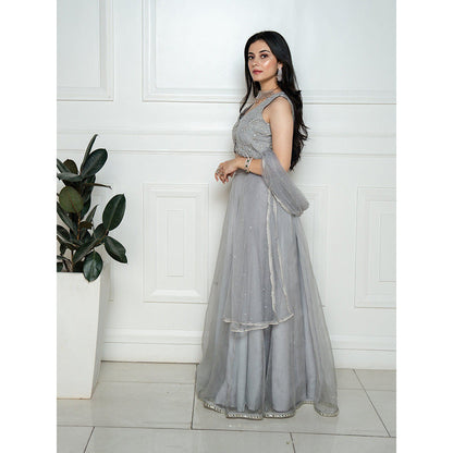 ewaz Grey Beads Blouse with Organza Lehenga