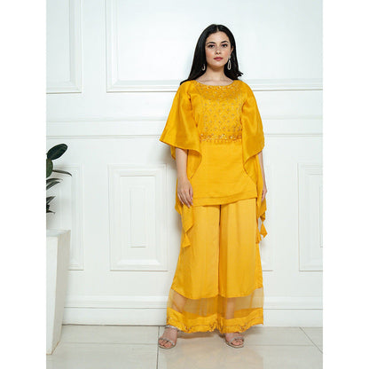 ewaz Yellow Embroidered Short Kaftan with Belt ( Set of 3 )