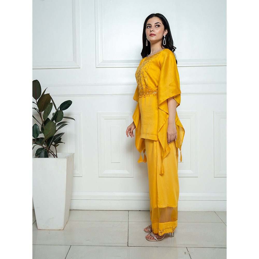 ewaz Yellow Embroidered Short Kaftan with Belt ( Set of 3 )