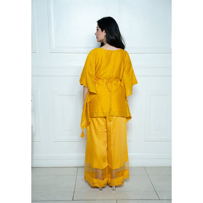 ewaz Yellow Embroidered Short Kaftan with Belt ( Set of 3 )