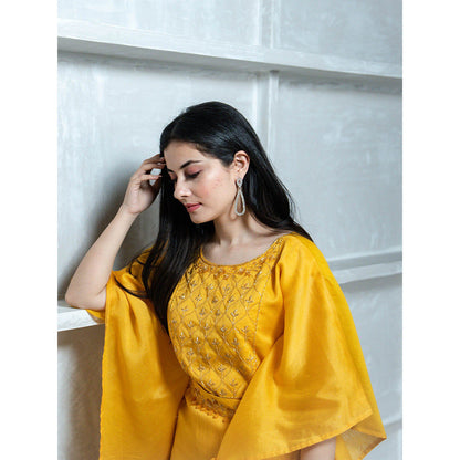 ewaz Yellow Embroidered Short Kaftan with Belt ( Set of 3 )