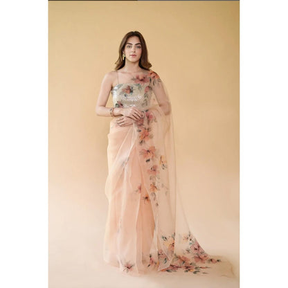 Fallon Studio by Shruti Kaushik Beige Floral Padmini Saree with Unstitched Blouse