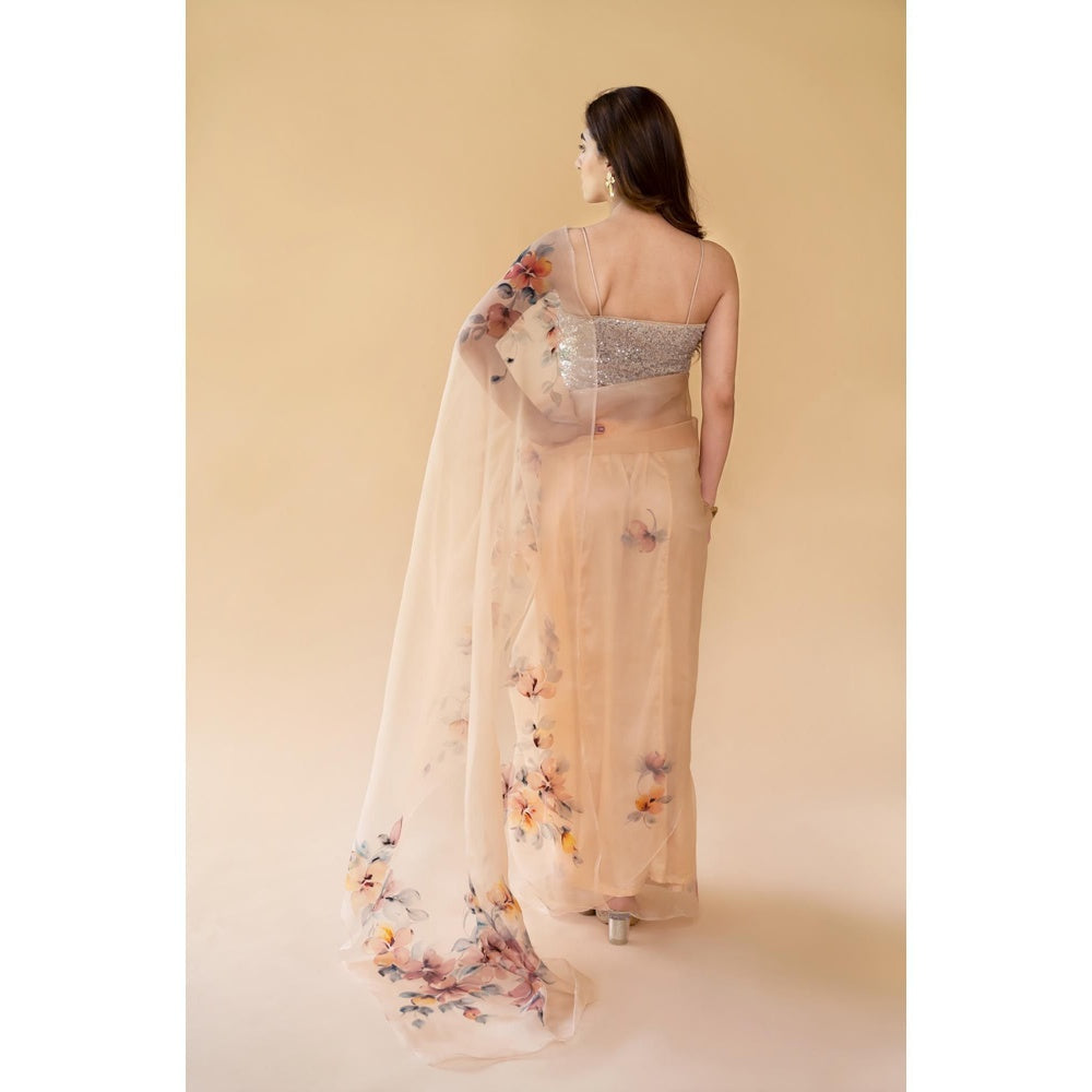 Fallon Studio by Shruti Kaushik Beige Floral Padmini Saree with Unstitched Blouse