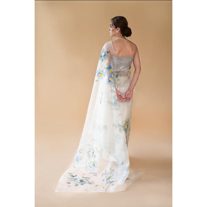 Fallon Studio by Shruti Kaushik Off White Floral Kashi Saree with Unstitched Blouse