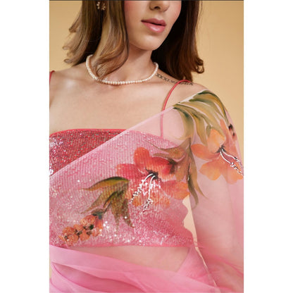 Fallon Studio by Shruti Kaushik Pink Floral Razia Saree with Unstitched Blouse