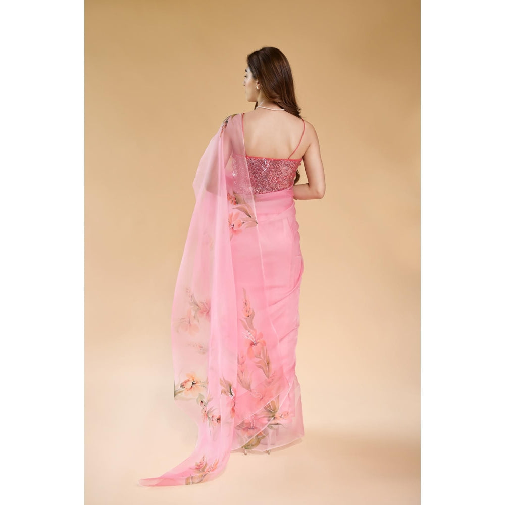 Fallon Studio by Shruti Kaushik Pink Floral Razia Saree with Unstitched Blouse