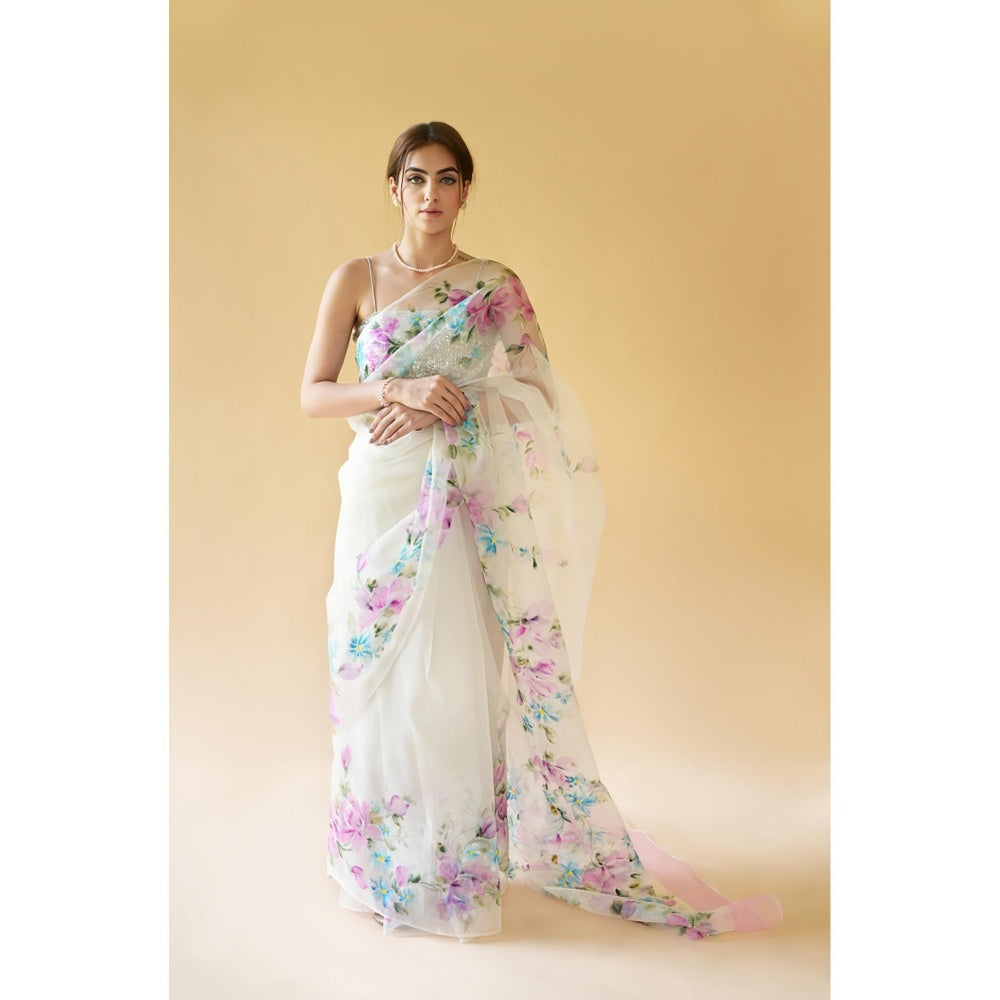 Fallon Studio by Shruti Kaushik Off White Floral Zaina Saree with Unstitched Blouse