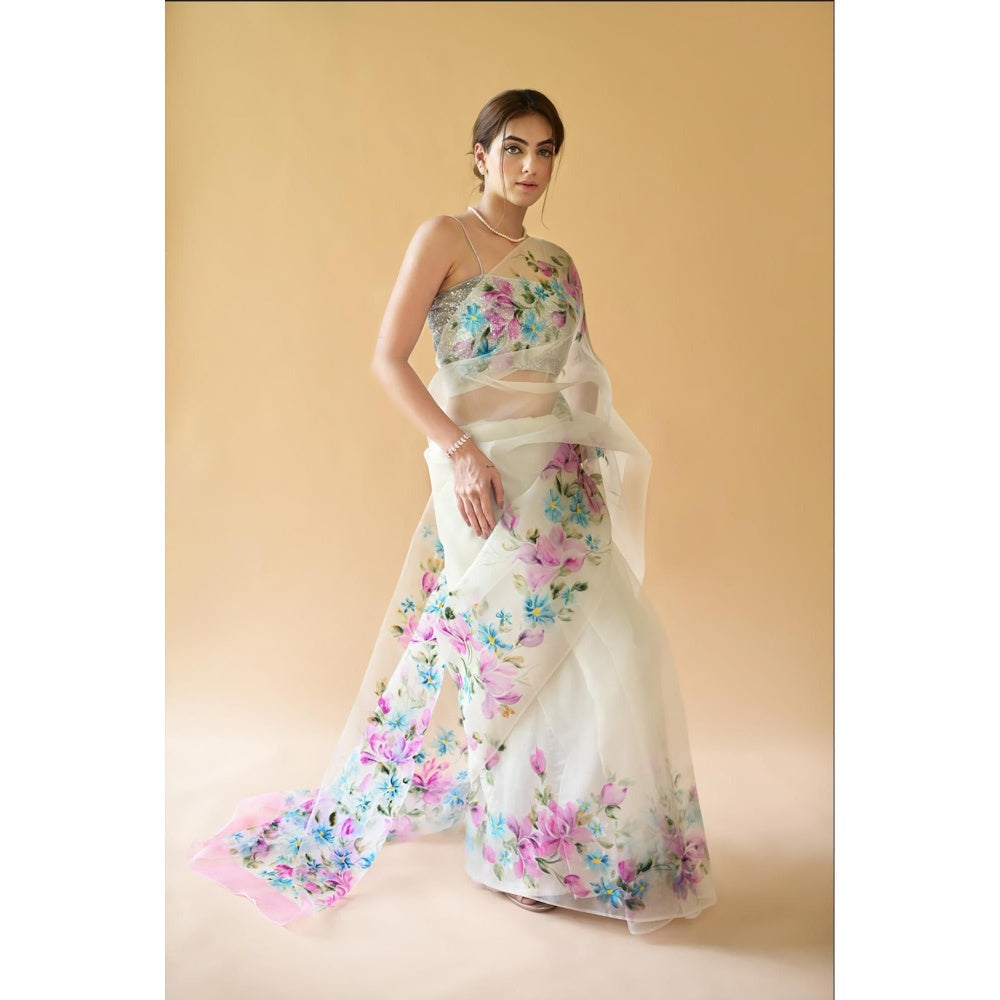 Fallon Studio by Shruti Kaushik Off White Floral Zaina Saree with Unstitched Blouse