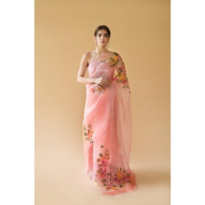 Fallon Studio by Shruti Kaushik Peach Floral Rukmani Saree with Unstitched Blouse