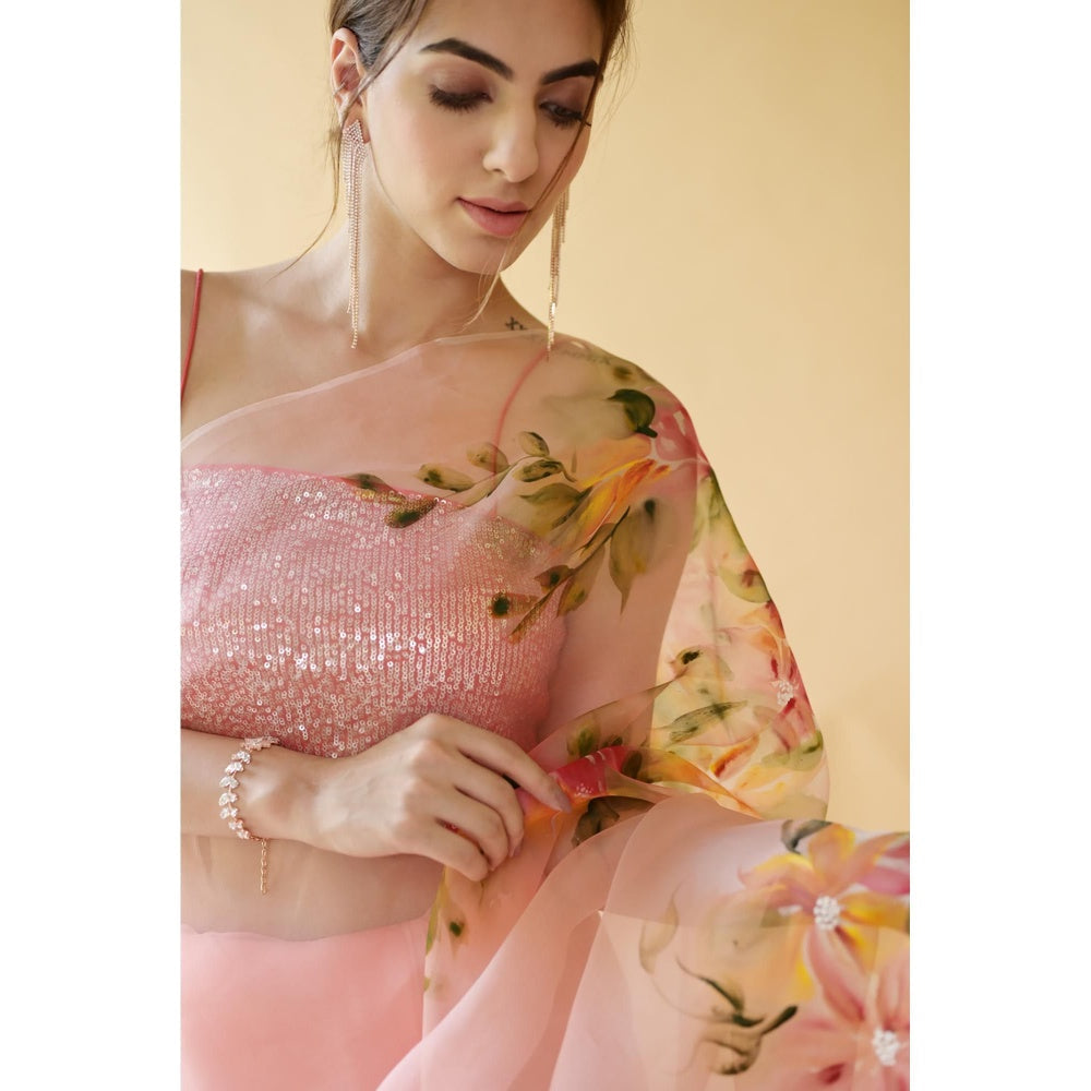 Fallon Studio by Shruti Kaushik Peach Floral Rukmani Saree with Unstitched Blouse