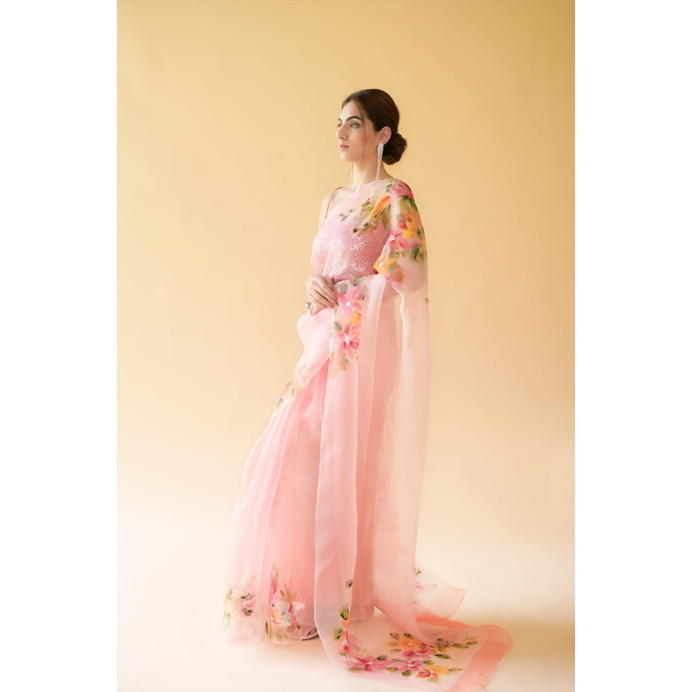 Fallon Studio by Shruti Kaushik Peach Floral Rukmani Saree with Unstitched Blouse