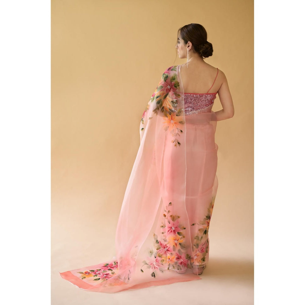 Fallon Studio by Shruti Kaushik Peach Floral Rukmani Saree with Unstitched Blouse