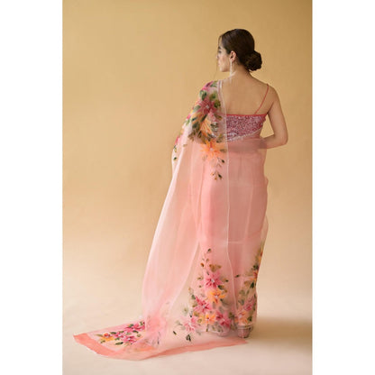 Fallon Studio by Shruti Kaushik Peach Floral Rukmani Saree with Unstitched Blouse