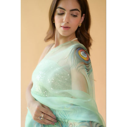 Fallon Studio by Shruti Kaushik Green Printed Soraya Saree with Unstitched Blouse