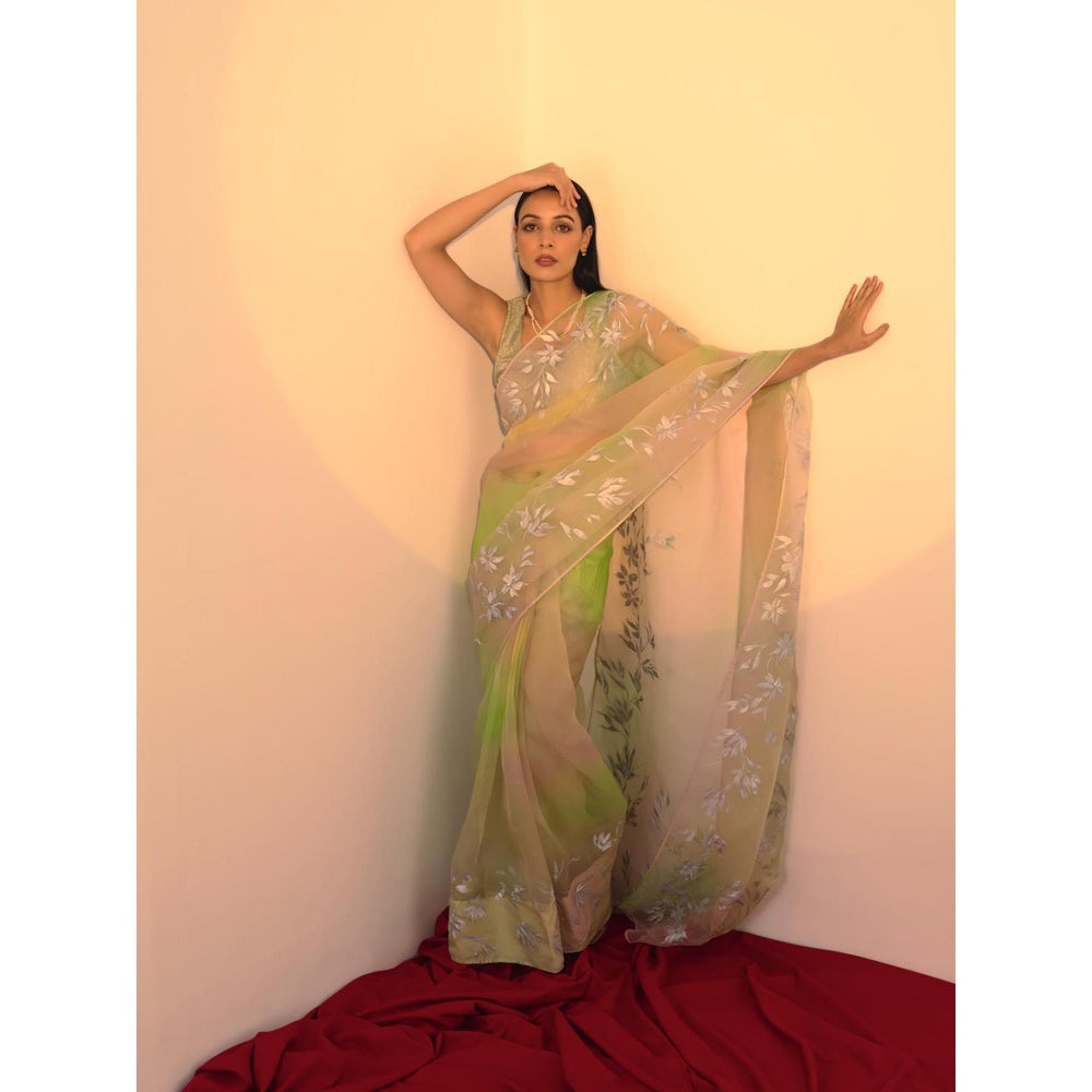 Fallon Studio by Shruti Kaushik Green Floral Pakhi Saree with Unstitched Blouse