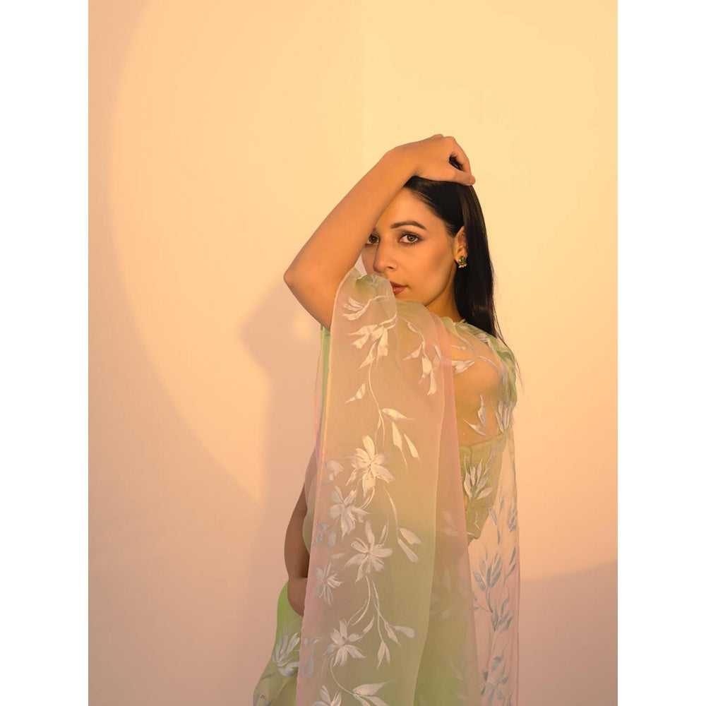 Fallon Studio by Shruti Kaushik Green Floral Pakhi Saree with Unstitched Blouse