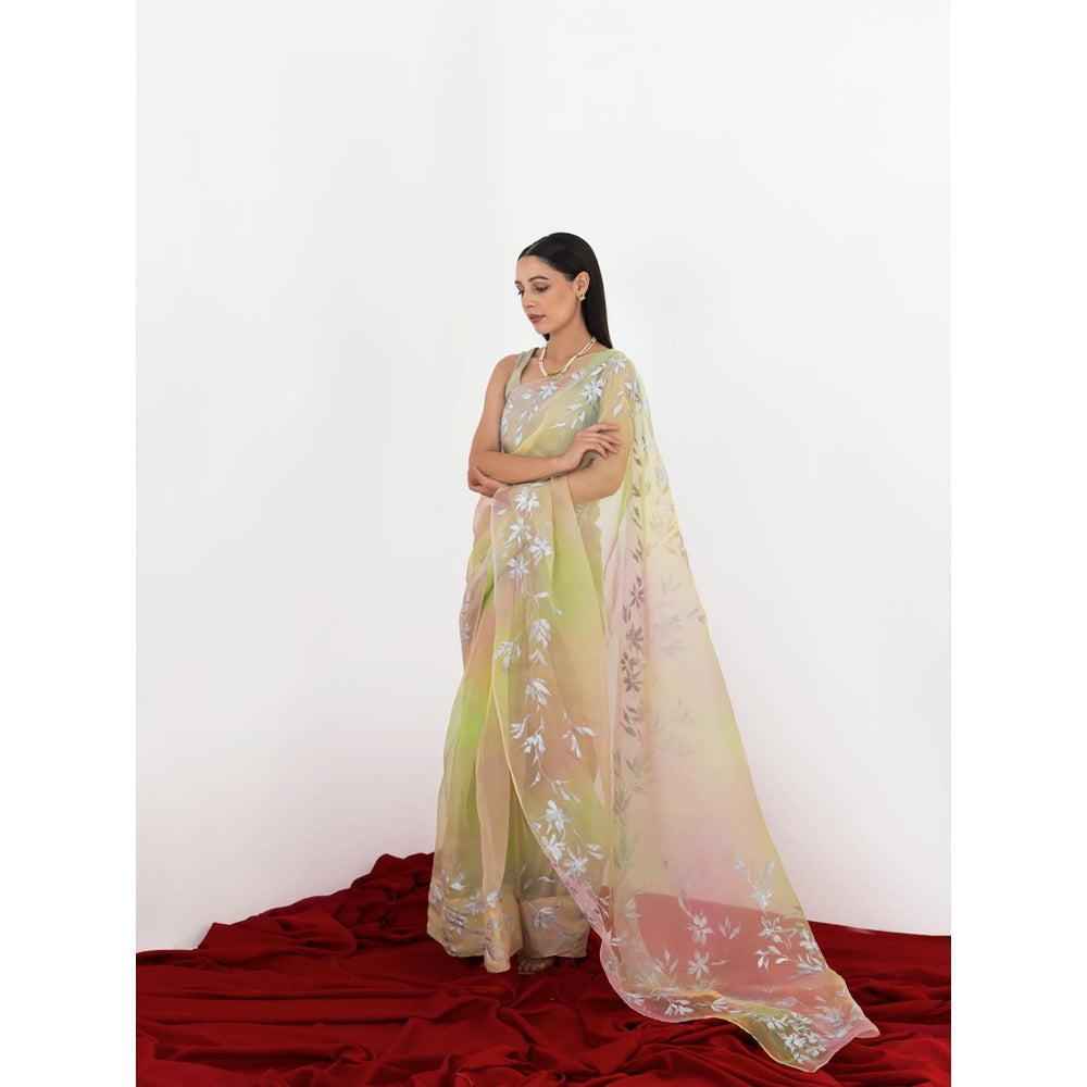 Fallon Studio by Shruti Kaushik Green Floral Pakhi Saree with Unstitched Blouse