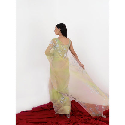 Fallon Studio by Shruti Kaushik Green Floral Pakhi Saree with Unstitched Blouse