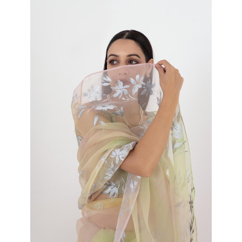 Fallon Studio by Shruti Kaushik Green Floral Pakhi Saree with Unstitched Blouse
