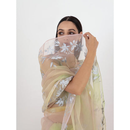 Fallon Studio by Shruti Kaushik Green Floral Pakhi Saree with Unstitched Blouse