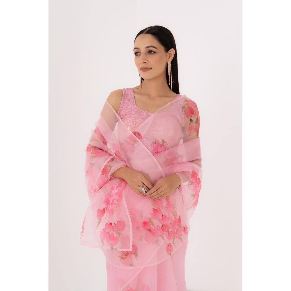 Fallon Studio by Shruti Kaushik Pink Floral Bodhi Saree with Unstitched Blouse