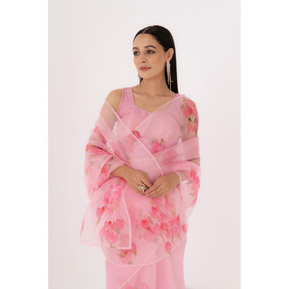 Fallon Studio by Shruti Kaushik Pink Floral Bodhi Saree with Unstitched Blouse