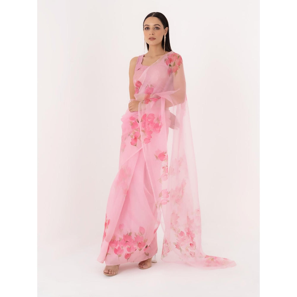 Fallon Studio by Shruti Kaushik Pink Floral Bodhi Saree with Unstitched Blouse
