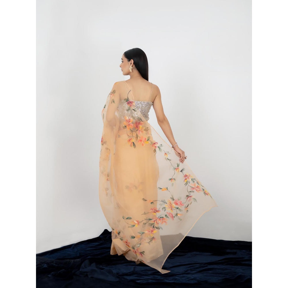 Fallon Studio by Shruti Kaushik Orange Floral Kantha Saree with Unstitched Blouse