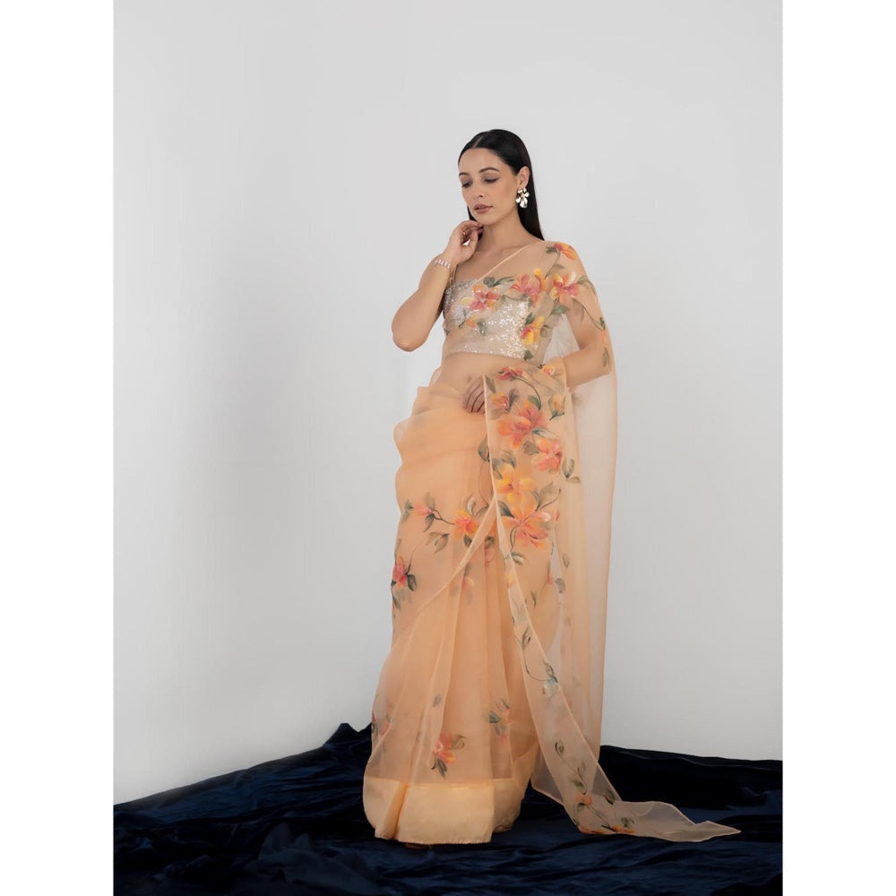 Fallon Studio by Shruti Kaushik Orange Floral Kantha Saree with Unstitched Blouse