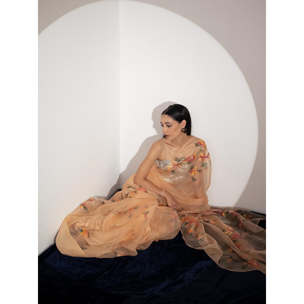 Fallon Studio by Shruti Kaushik Orange Floral Kantha Saree with Unstitched Blouse
