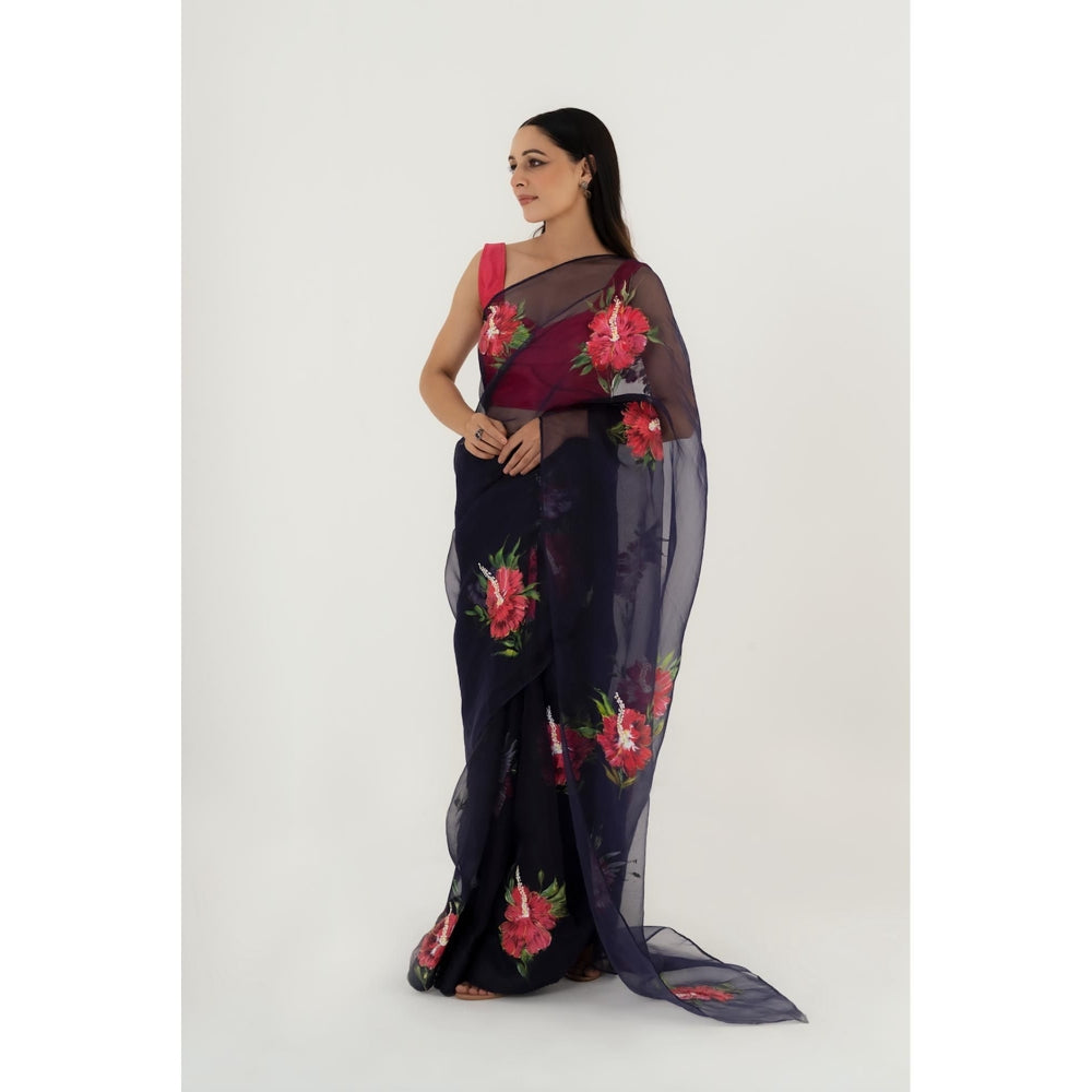 Fallon Studio by Shruti Kaushik Navy Blue Floral Dhuni Saree with Unstitched Blouse