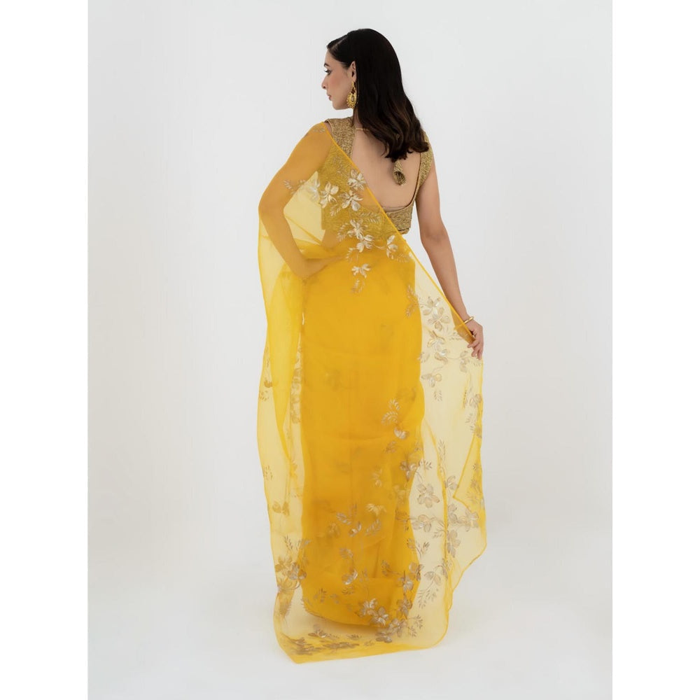 Fallon Studio by Shruti Kaushik Yellow Floral Athulaya Saree with Unstitched Blouse