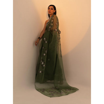 Fallon Studio by Shruti Kaushik Olive Floral Madhuri Saree with Unstitched Blouse