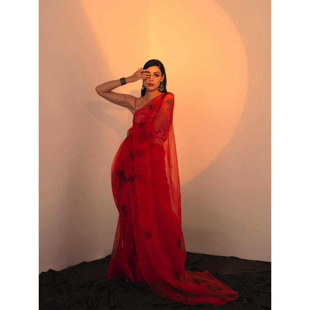 Fallon Studio by Shruti Kaushik Orange Floral Lavanya Saree with Unstitched Blouse