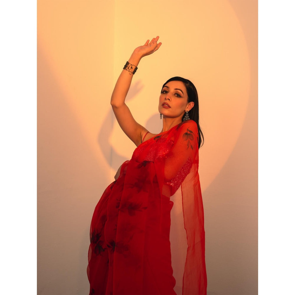 Fallon Studio by Shruti Kaushik Orange Floral Lavanya Saree with Unstitched Blouse