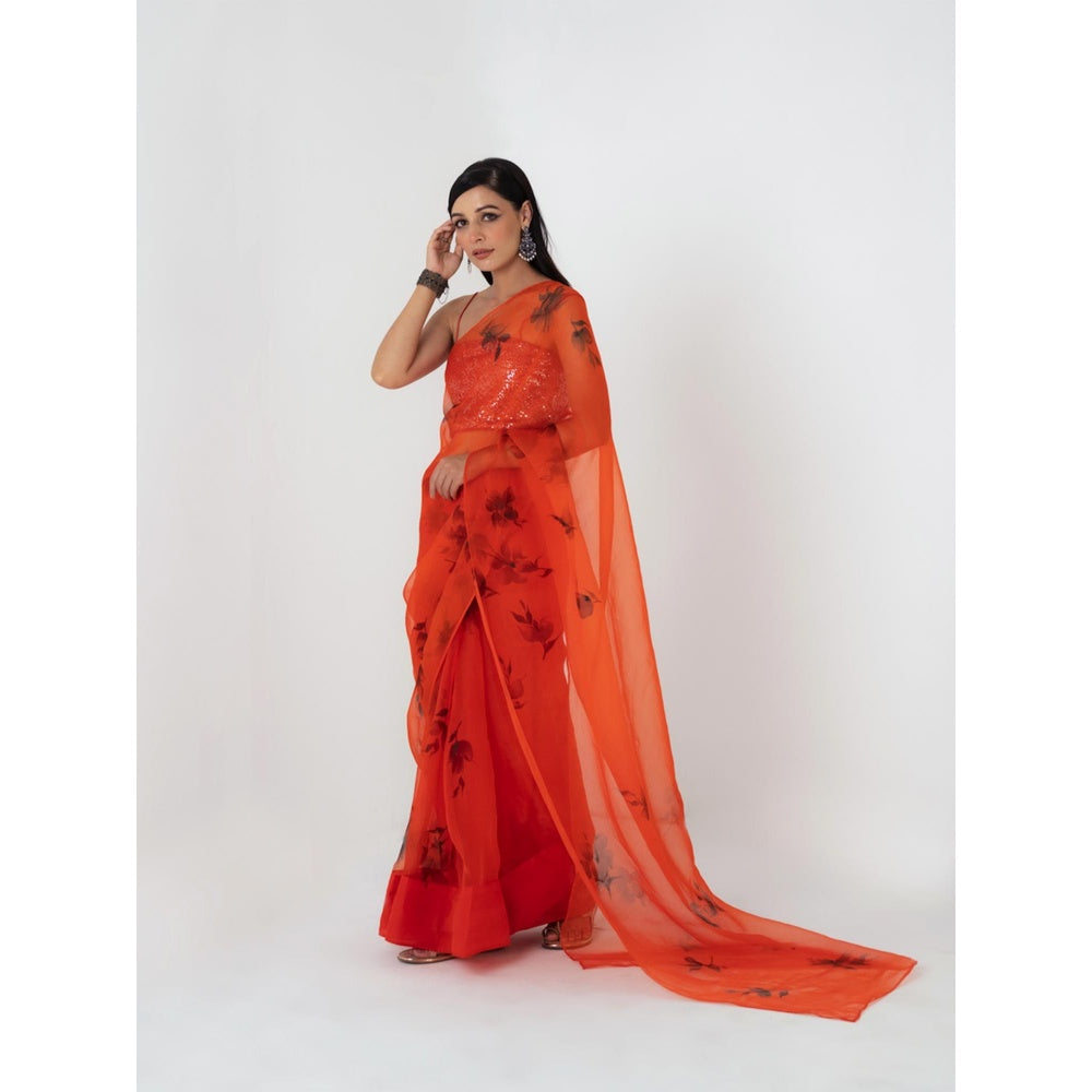 Fallon Studio by Shruti Kaushik Orange Floral Lavanya Saree with Unstitched Blouse