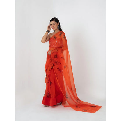 Fallon Studio by Shruti Kaushik Orange Floral Lavanya Saree with Unstitched Blouse