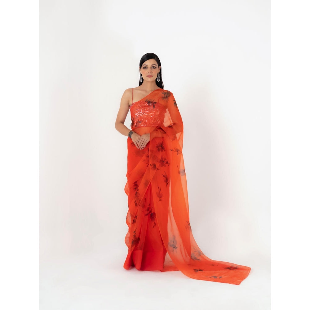 Fallon Studio by Shruti Kaushik Orange Floral Lavanya Saree with Unstitched Blouse