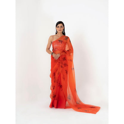 Fallon Studio by Shruti Kaushik Orange Floral Lavanya Saree with Unstitched Blouse