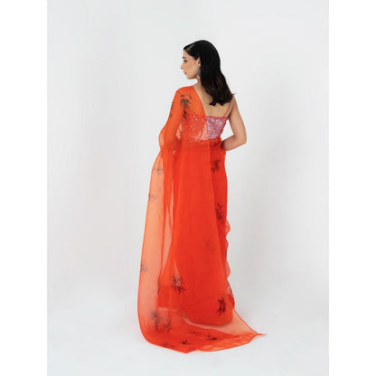 Fallon Studio by Shruti Kaushik Orange Floral Lavanya Saree with Unstitched Blouse